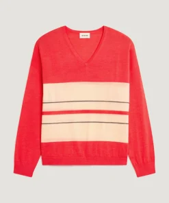 Femme Rodier Pull Caecilia 100% Laine col V rayures orange corail