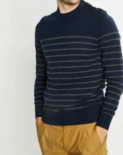 Sale Galeries Lafayette Pull en Cachemire & Laine Memarino rayé col rond bleu marine