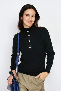 Femme Assuili Pull en Cachemire & Soie mélangés col montant boutonné noir
