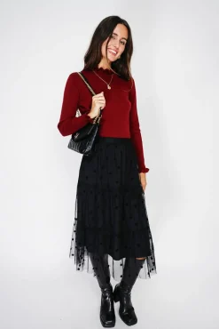 Femme C&Jo Pull en Cachemire & Soie mélangés col montant bordeaux