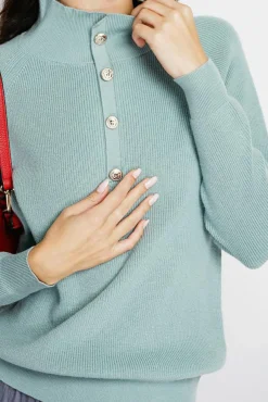 Sale Assuili Pull en Cachemire & Soie mélangés col montant boutonné jade