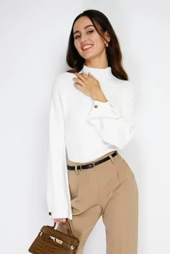 Femme C&Jo Pull en Cachemire mélangé col montant naturel