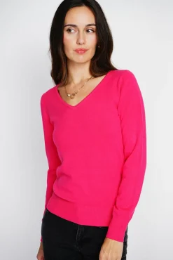Femme Assuili Pull en Cachemire mélangé col V fushia