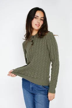 Femme C&Jo Pull en Cachemire mélangé col boutonné kaki