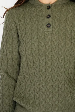 Femme C&Jo Pull en Cachemire mélangé col boutonné kaki