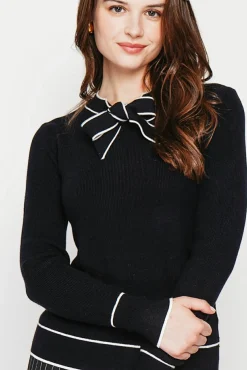 New C&Jo Pull en Cachemire mélangé col V à noeud noir