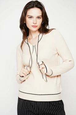Femme C&Jo Pull en Cachemire mélangé col V à noeud crème