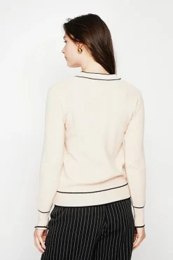 Femme C&Jo Pull en Cachemire mélangé col V à noeud crème