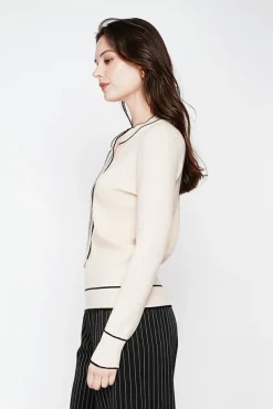 Femme C&Jo Pull en Cachemire mélangé col V à noeud crème