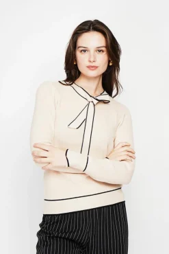 Femme C&Jo Pull en Cachemire mélangé col V à noeud crème