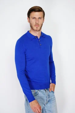 Outlet C&Jo Pull en Cachemire mélangé col polo à boutons royal