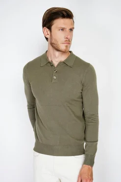 Homme C&Jo Pull en Cachemire mélangé col polo à boutons kaki