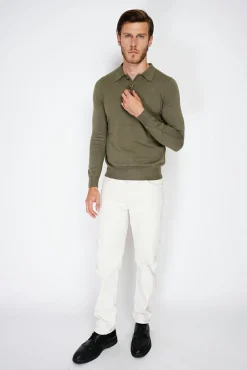 Homme C&Jo Pull en Cachemire mélangé col polo à boutons kaki