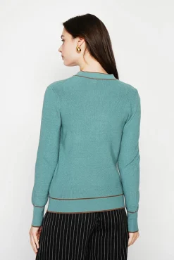 Femme C&Jo Pull en Cachemire mélangé col V à noeud turquoise