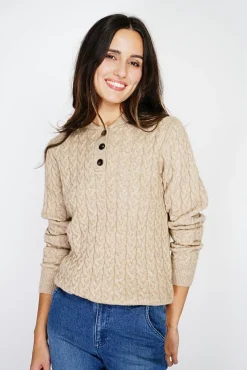 Femme C&Jo Pull en Cachemire mélangé col boutonné désert