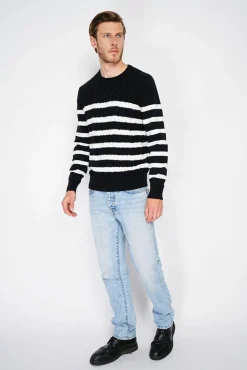 Homme C&Jo Pull en Cachemire mélangé ras du cou marinière noir