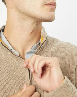 Homme Hackett London Pull en Coton & Cachemire 1/2 zip Cah Rib beige