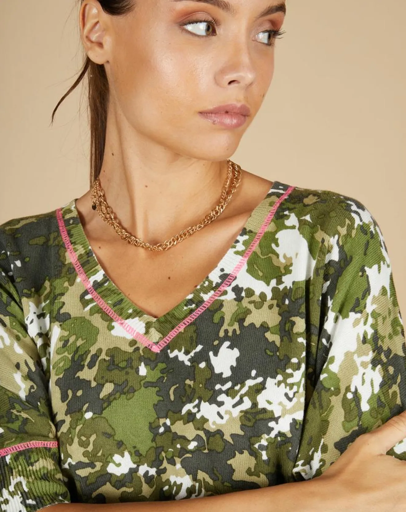 Femme Cashmere Tribu Pull en Coton & Cachemire Maya à motif kaki