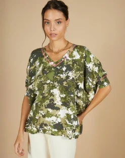 Femme Cashmere Tribu Pull en Coton & Cachemire Maya à motif kaki