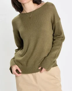 Femme Marc O'Polo Pull en Coton & Lin Col Bateau kaki