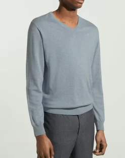 Homme Hackett London Pull en Coton & Soie col V bleu moyen chiné