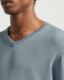 Homme Hackett London Pull en Coton & Soie col V bleu moyen chiné