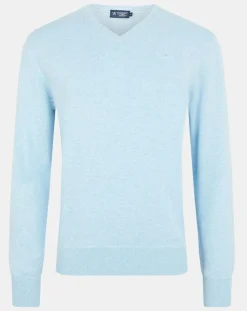 Homme Hackett London Pull en Coton & Soie col V bleu ciel