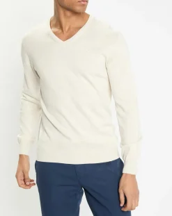 New Hackett London Pull en Coton & Soie col V écru chiné