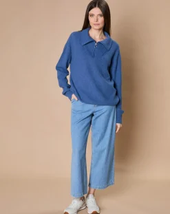 Femme Oscar et Louise Pull en Laine & Cachemire mélangés Maia 1/2 zip bleu chiné