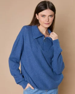 Femme Oscar et Louise Pull en Laine & Cachemire mélangés Maia 1/2 zip bleu chiné