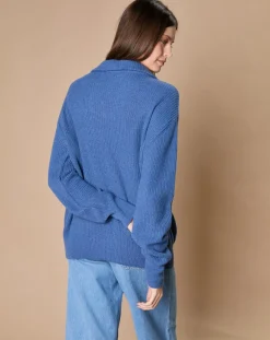 Femme Oscar et Louise Pull en Laine & Cachemire mélangés Maia 1/2 zip bleu chiné