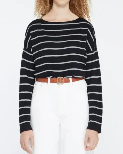 Femme Yerse Pull en Laine & Cachemire Julianne à rayures noir/gris