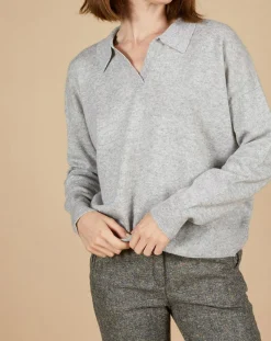 Femme Cashmere Tribu Pull en Laine & Cachemire Paloma col polo gris chiné clair
