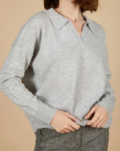 Femme Cashmere Tribu Pull en Laine & Cachemire Paloma col polo gris chiné clair