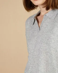 Femme Cashmere Tribu Pull en Laine & Cachemire Paloma col polo gris chiné clair