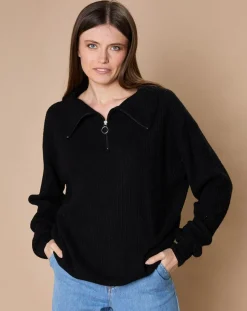 Femme Oscar et Louise Pull en Laine & Cachemire mélangés Maia 1/2 zip noir