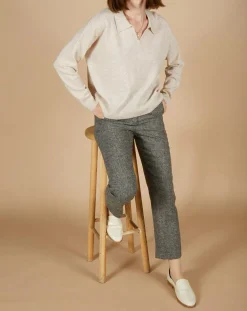 Femme Cashmere Tribu Pull en Laine & Cachemire Paloma col polo beige chiné