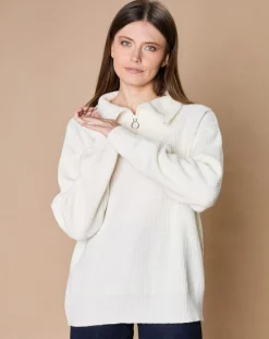New Oscar et Louise Pull en Laine & Cachemire mélangés Maia 1/2 zip écru