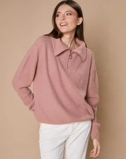 Femme Oscar et Louise Pull en Laine & Cachemire mélangés Maia 1/2 zip vieux rose