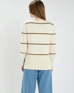 Femme Zapa Pull en Laine & Coton Nolyn rayures écru/kaki