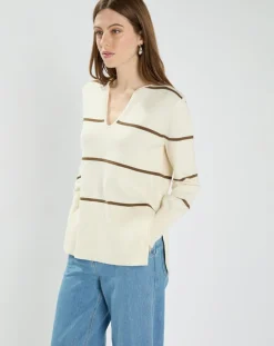 Femme Zapa Pull en Laine & Coton Nolyn rayures écru/kaki
