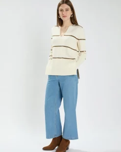Femme Zapa Pull en Laine & Coton Nolyn rayures écru/kaki