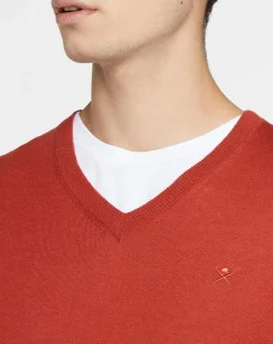 Homme Hackett London Pull en Laine mélangée col V coudières orange/rouge