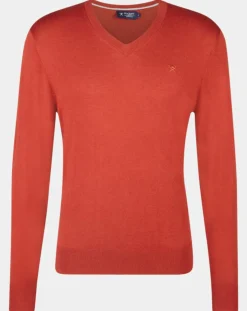 Homme Hackett London Pull en Laine mélangée col V coudières orange/rouge