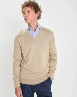 Homme Hackett London Pull en Laine Mérinos & Soie col V beige