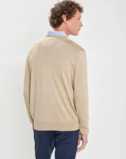 Homme Hackett London Pull en Laine Mérinos & Soie col V beige