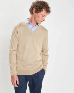 Homme Hackett London Pull en Laine Mérinos & Soie col V beige