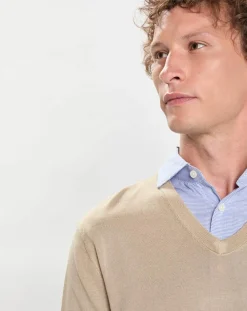Homme Hackett London Pull en Laine Mérinos & Soie col V beige