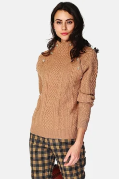 Femme Assuili Pull Encolure montante camel foncé