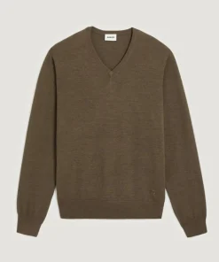 Homme Rodier Pull Ernest 100% laine col V marron écorce
